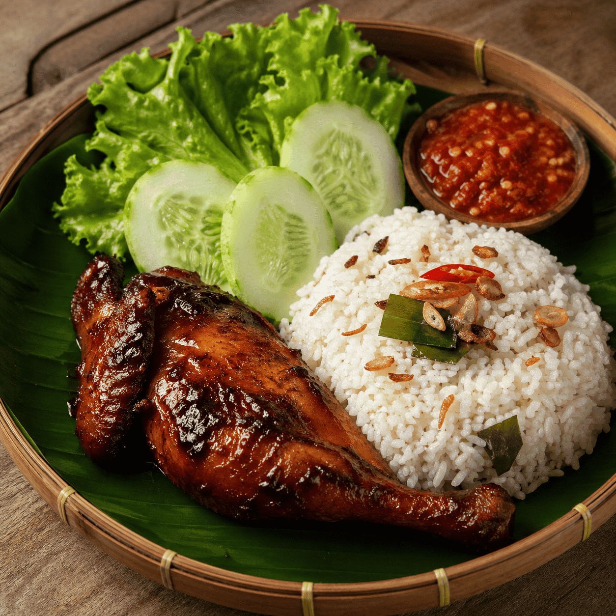 Ayam Bakar Madu dengan nasi liwet, lalap, sambal, tahu, dan tempe